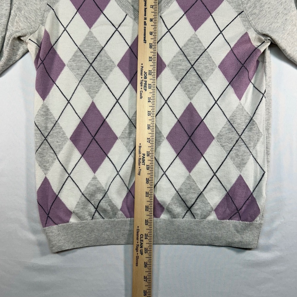 Tommy Hilfiger Mens Large Grey Purple Argyle V-Neck 100% Pima Cotton Sweater - Picture 3 of 7